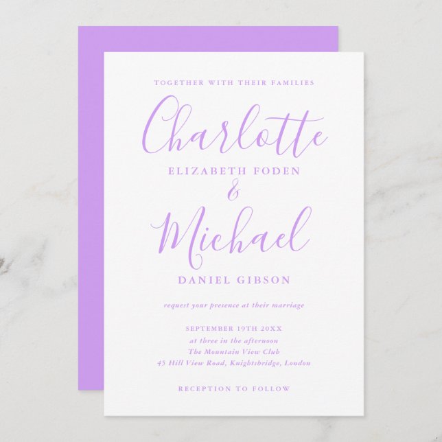 Lavender Lilac Signature Script Wedding Invitation (Front/Back)