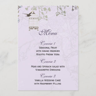 Lavender Lilac vintage birdcage birds wedding Menu