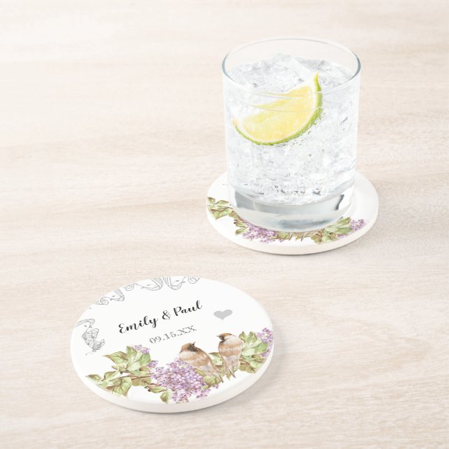 Lavender Lilac Vintage Love Birds Coasters (Side)