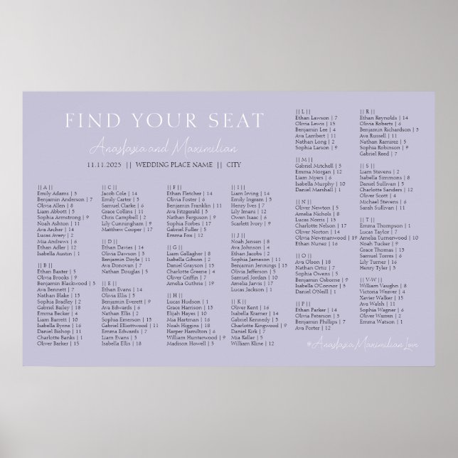 Lavender Lilac Wedding Alphabetical Seating Chart (Front)