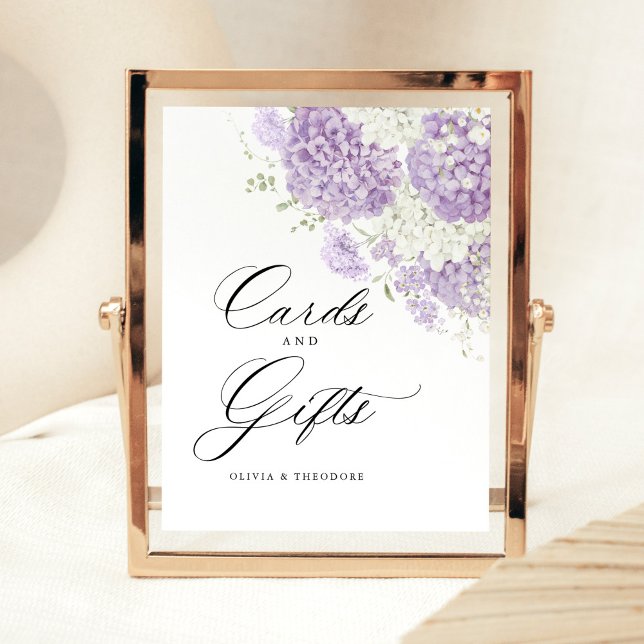 Lavender Lilac White Floral Cards & Gifts Wedding Pedestal Sign (Lavender lilac white hydrangea floral cards and gifts wedding sign with elegant script, watercolor)