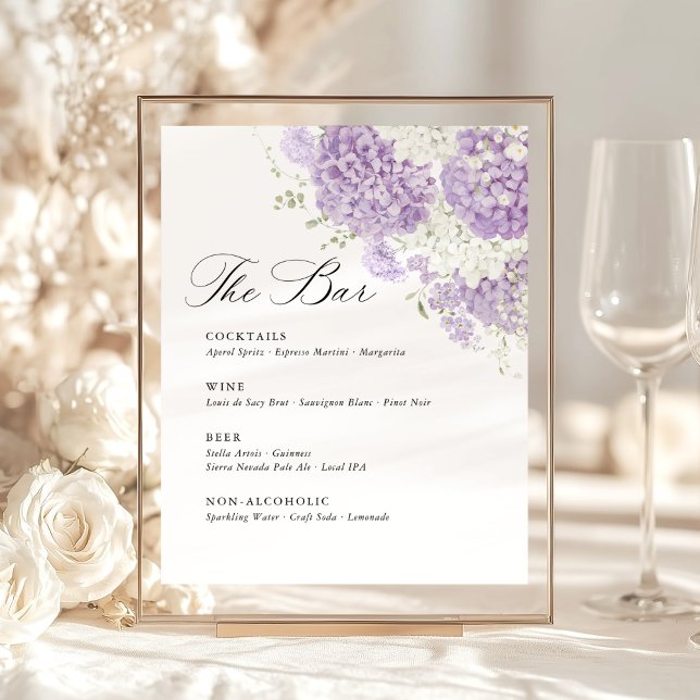 Lavender Lilac White Floral Wedding Bar Menu Pedestal Sign (Lavender lilac white hydrangea wedding bar sign with elegant calligraphy, purple floral bar menu)