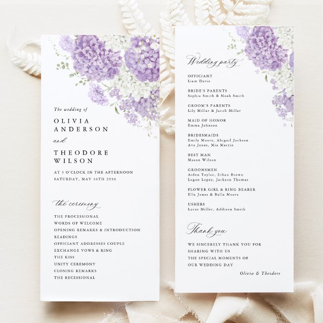 Lavender Lilac White Floral Wedding Ceremony Programme (Lavender lilac hydrangea wedding program card, white floral ceremony program and wedding party card)