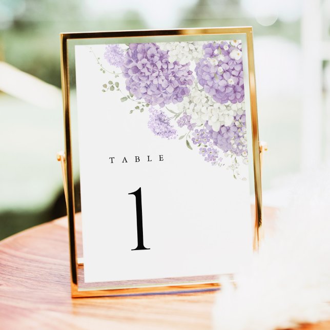 Lavender Lilac White Floral Wedding Table Numbers (Lavender lilac white floral hydrangea wedding table number sign, elegant watercolor table decor)