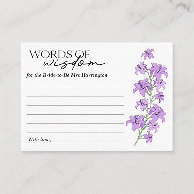 Lavender Lily Bridal Shower Words of Wisdom Card (Front)