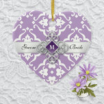 Lavender Lily Damask Wedding Memento Ceramic Tree Decoration<br><div class="desc">A heart-shaped wedding keepsake ornament in a lavender damask floral motif adorned with a white lily pattern from the Art Nouveau period. What truly sets this ornament apart is the subtle touch of sparkle with a faux amethyst gemstone and silver ribbon. Add your names to the front and on the...</div>