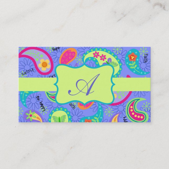 Lavender Lime Green Modern Paisley Monogram Business Card (Front)