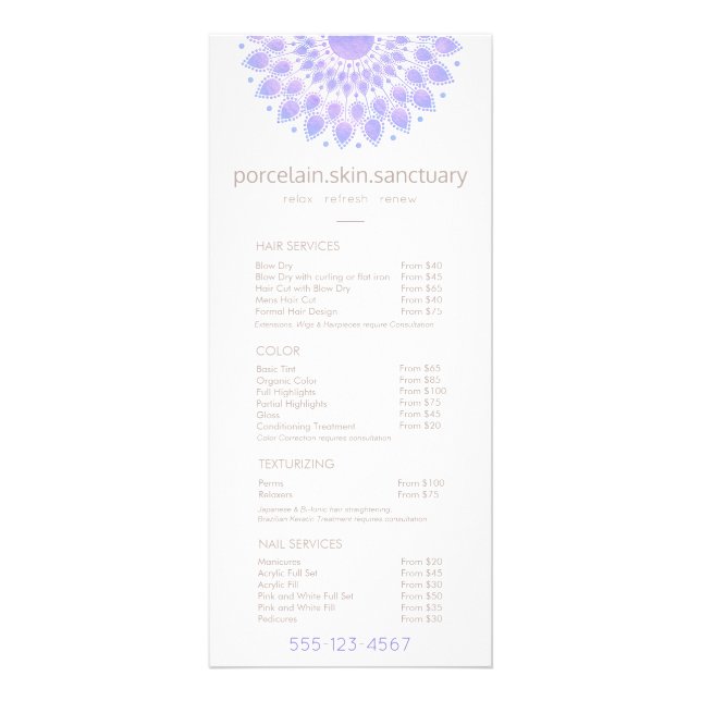 Lavender Lotus Natural Spa Salon Price List Menu (Front)