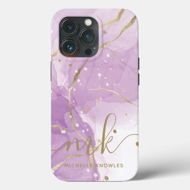 Lavender Marble with Monogram and Name Case-Mate iPhone Case (Back)