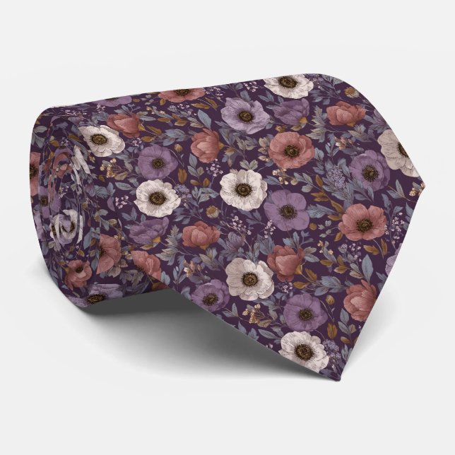 Lavender Mauve Anemone Personalised Wedding Tie (Rolled)