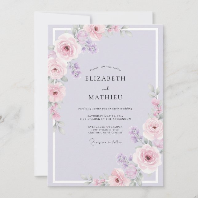 Lavender Mauve Leafy Wedding Invitation (Front)