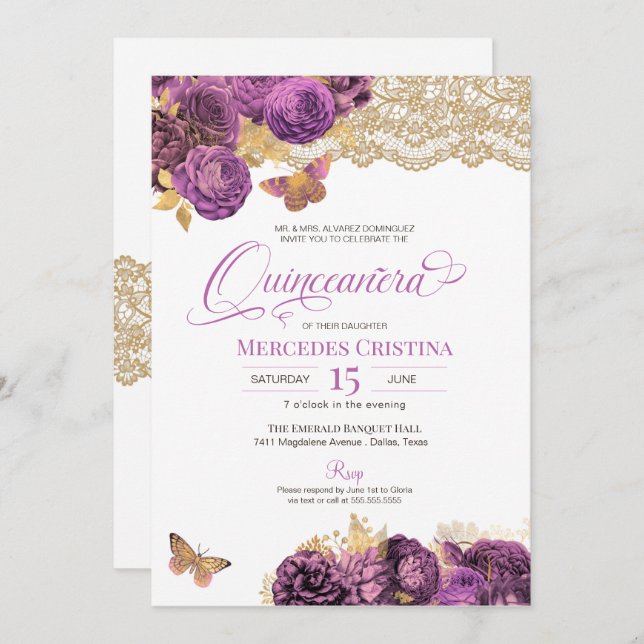 Lavender Mauve Roses & Lace Butterfly Quinceañera  Invitation (Front/Back)