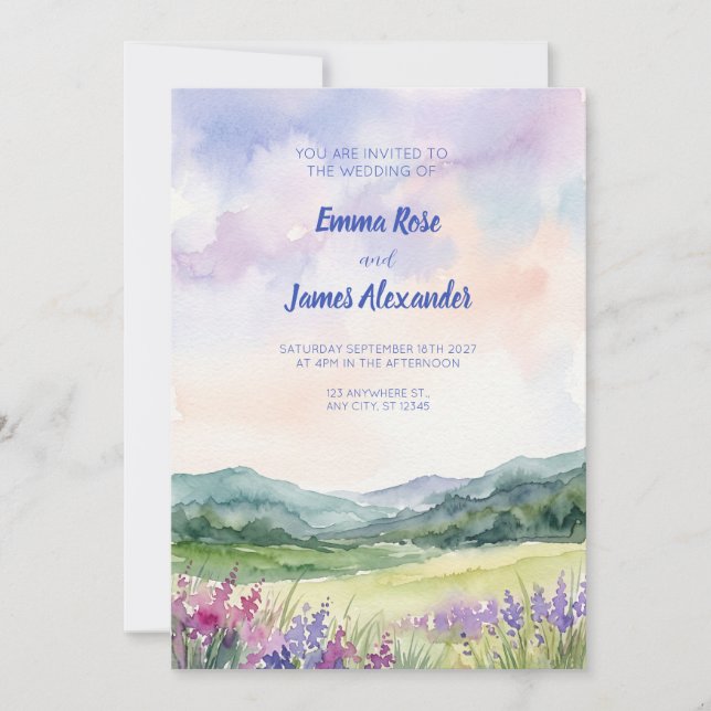 Lavender Meadow Watercolor Wedding Invitation (Front)