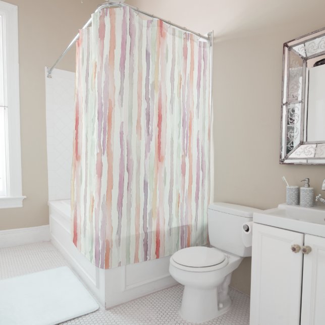 Lavender Melon Pink White Stripes Shower Curtain (In Situ)