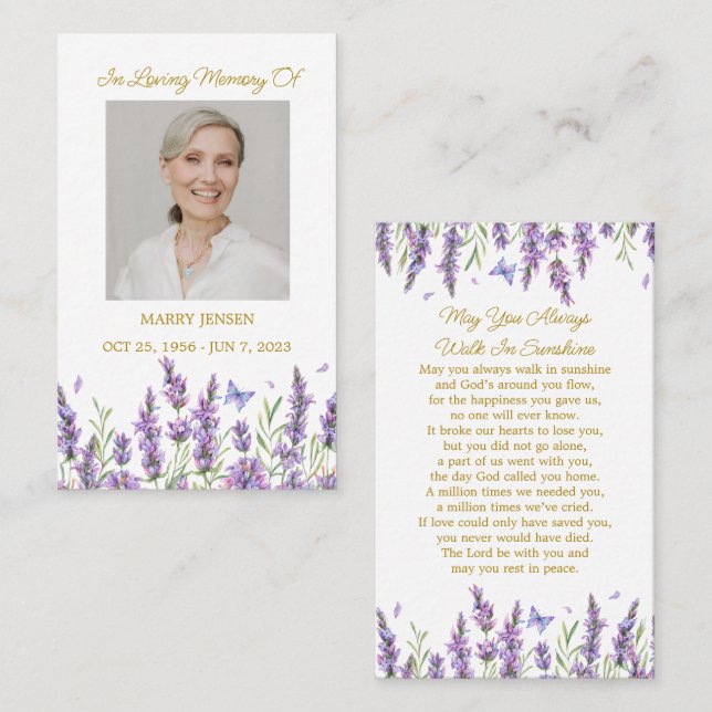 Lavender Memorial Photo Funeral Prayer Card (Front/Back)