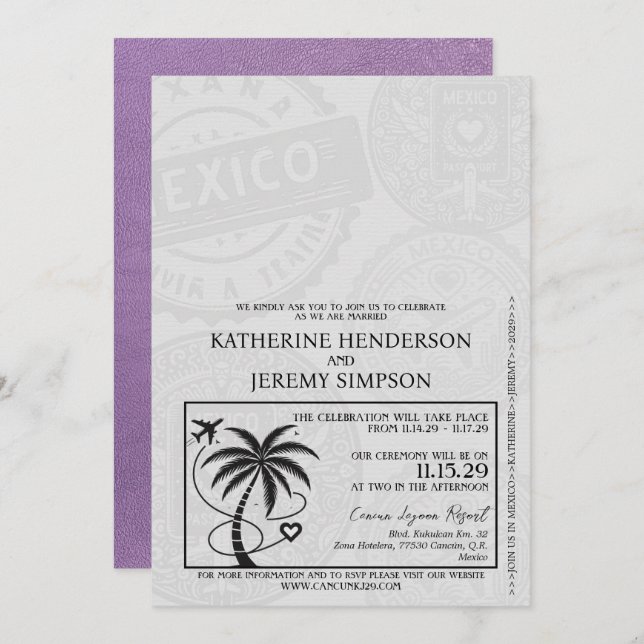 Lavender Mexico Passport Wedding Invitation (Front/Back)