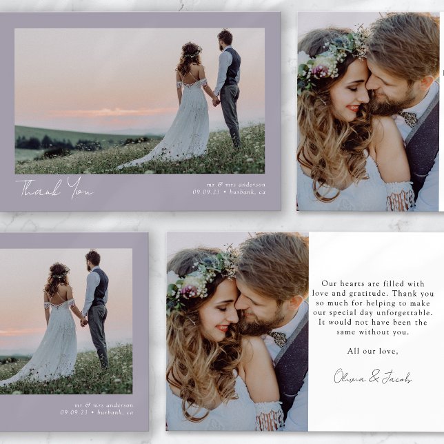 Lavender Minimalist 2 Photo Calligraphy Wedding Thank You Card (Creator Uploaded)