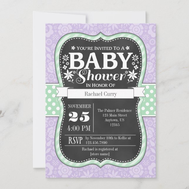 Lavender Mint Chalkboard Floral Baby Shower Invite (Front)