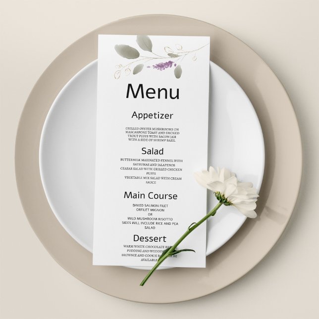 Lavender mint gold watercolor floral Wedding Menu (Lavender mint gold watercolor floral Wedding Menu )