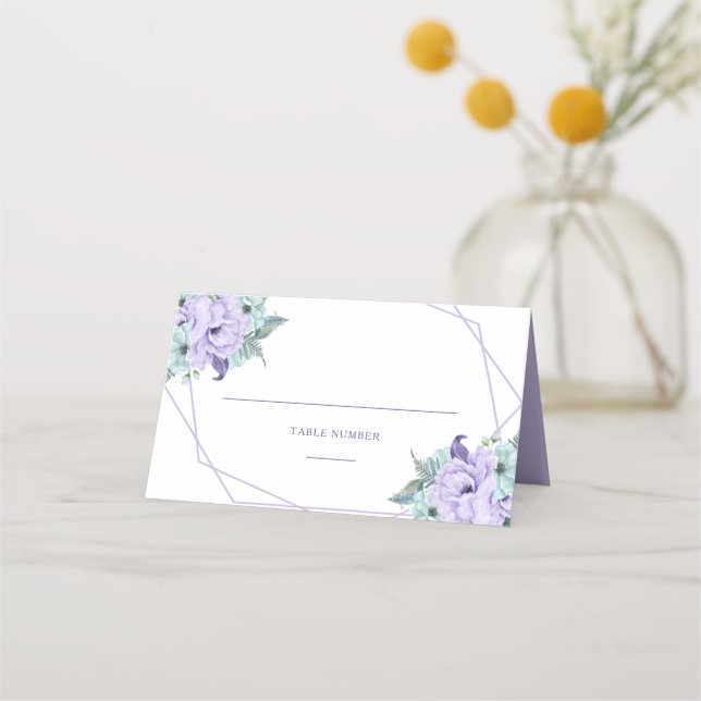 Lavender Mint Purple Geometric Watercolor Peonies Place Card (Front)