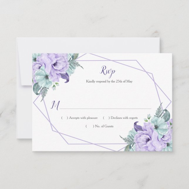 Lavender Mint Watercolor Peonies Geometric RSVP Card (Front)