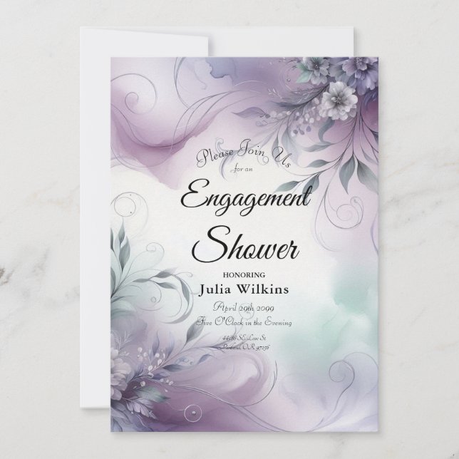 Lavender Mist and Watercolor Whispers Engagement  Invitation (Front)
