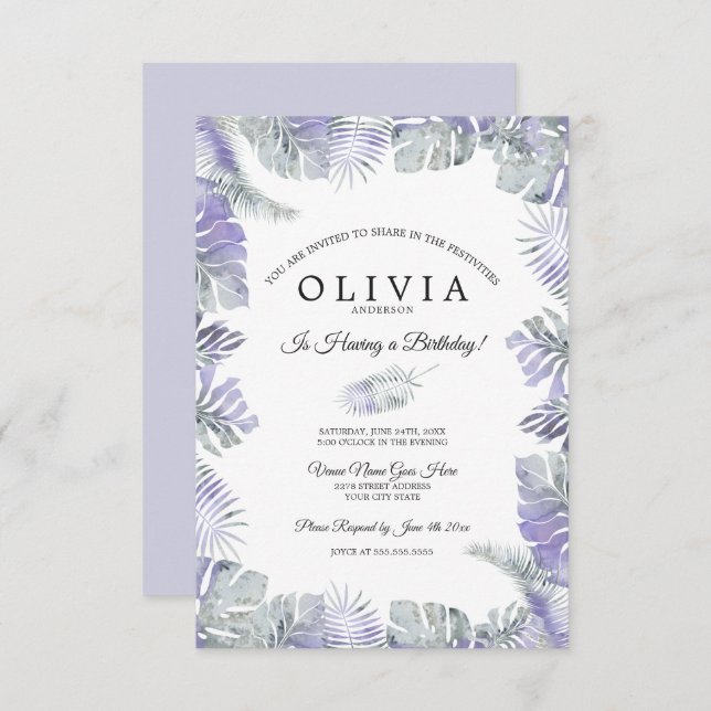 Lavender Mist Watercolor Tropical Leaves Birthday Invitation (Front/Back)