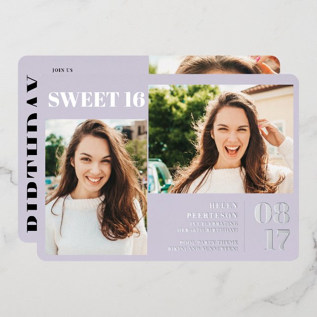 Lavender modern bold 3 photos Sweet 16 (Front/Back)