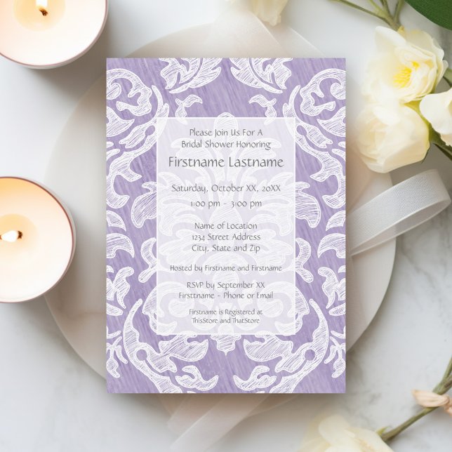 Lavender Modern Damask Bridal Shower Party Invitation (Bridal Shower Invitation - lavender and white lace print)