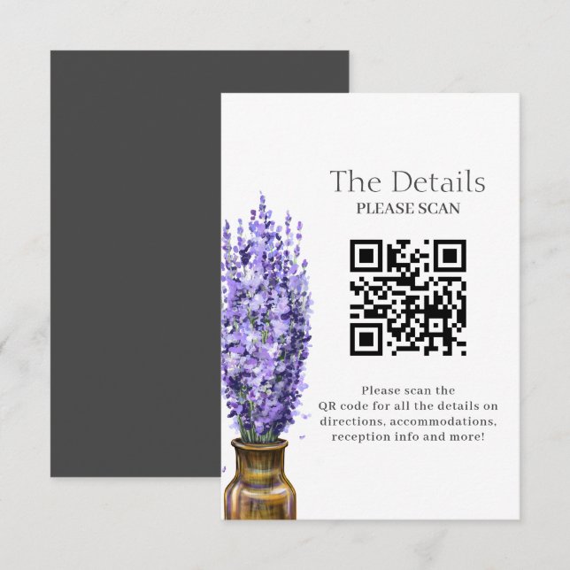 Lavender Modern Floral Wedding QR Code Details Enclosure Card (Front/Back)