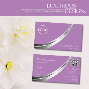 Lavender Modern Silver Decor with Logo and QR-Code Business Card