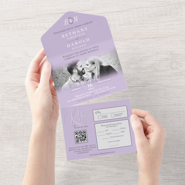 Lavender Monogram All in One Wedding Invite (Tearaway)