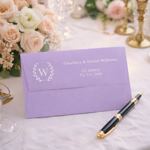 Lavender monogram initial wreath return address envelope