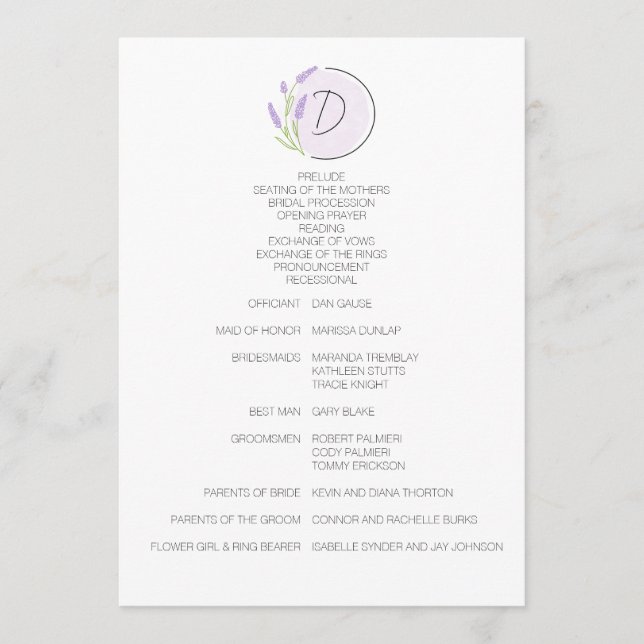 Lavender Monogram Wedding Programme (Front)