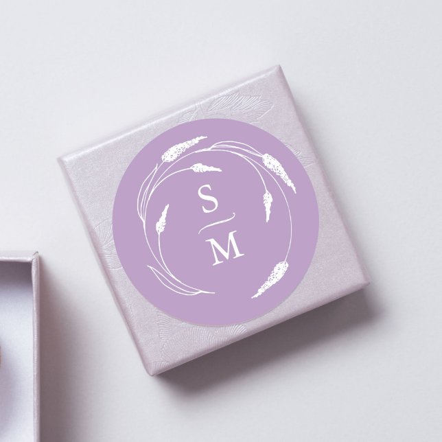 Lavender Monogram Wedding Stickers (Purple wedding favor sticker monogram lavender line art by Victoria Grigaliunas of Do Tell A Belle)