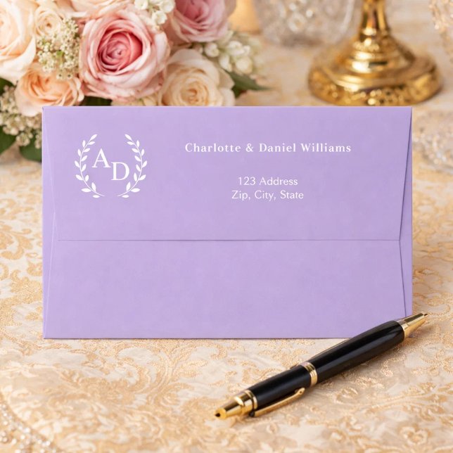 Lavender monogram wreath return address envelope (Creator Uploaded)