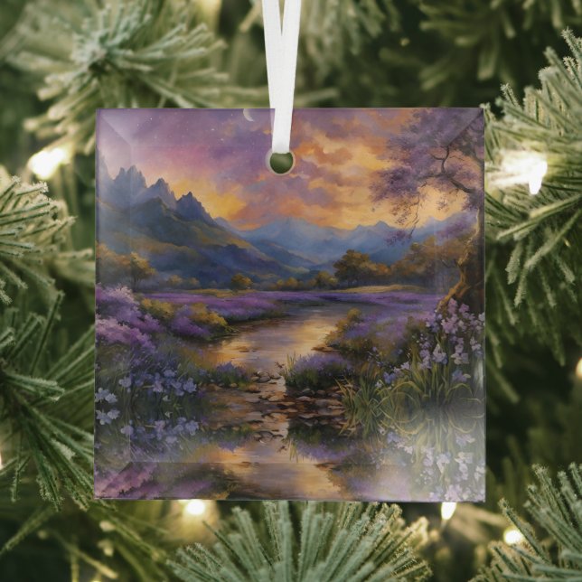 Lavender Mountain Valley at Dawn Glass Tree Decoration (Insitu)