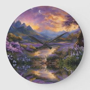 Lavender Mountain Valley at Dawn Large Clock