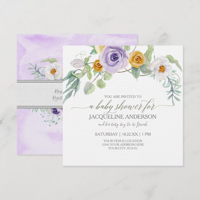 Lavender n Amber gold Rose Floral Baby Shower Girl Invitation (Front/Back)