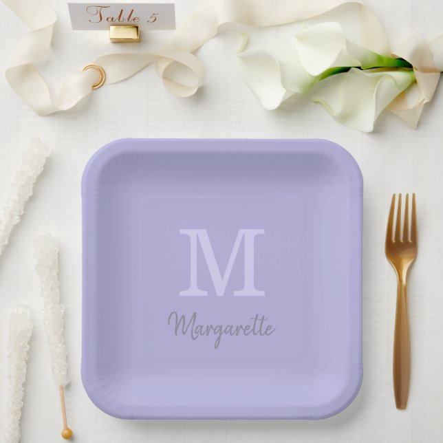 Lavender  Name and Initial Monogram Paper Plates (Wedding)