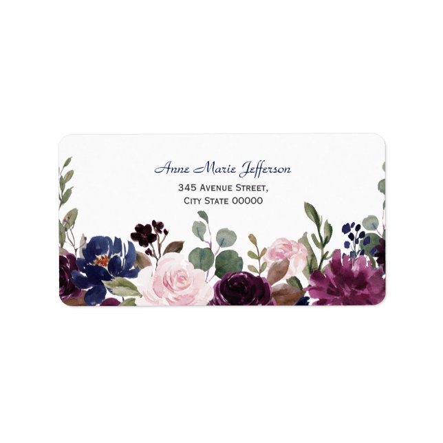 Lavender Navy Blue Floral Bloom Wedding Label (Front)