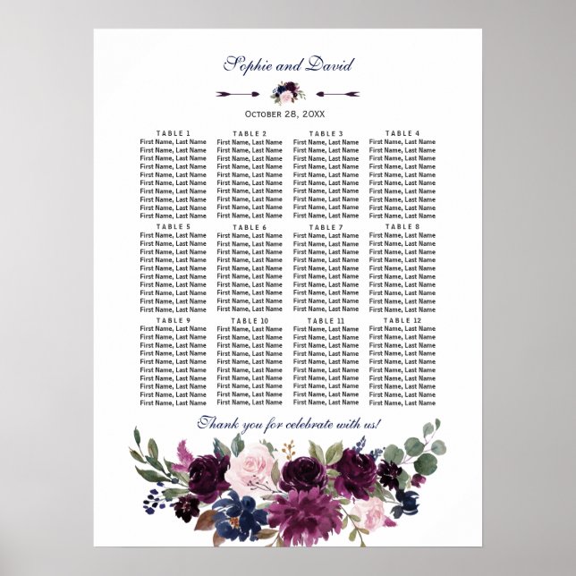 Lavender Navy Blue Floral Wedding Seating Chart (Front)