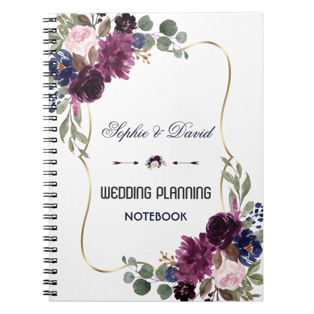Lavender Navy Blue Gold Floral Wedding Planner Notebook (Front)