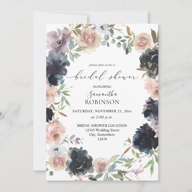 Lavender, Navy, & Blush Pink Floral Bridal Shower Invitation (Front)