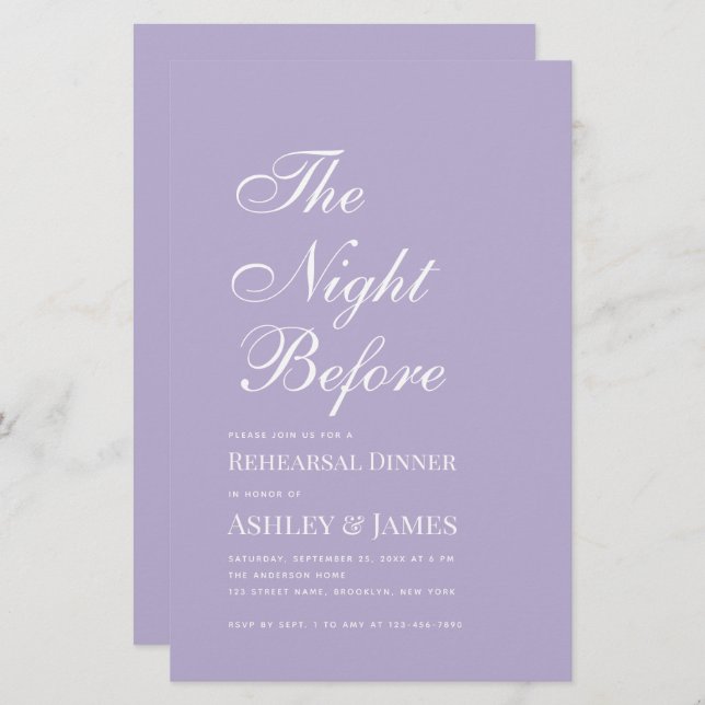 Lavender Night Before Rehearsal Dinner Invitation (Front/Back)