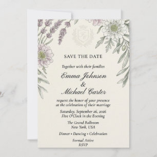 Lavender, Olive Branch, and Scabiosa Watercolor Invitation