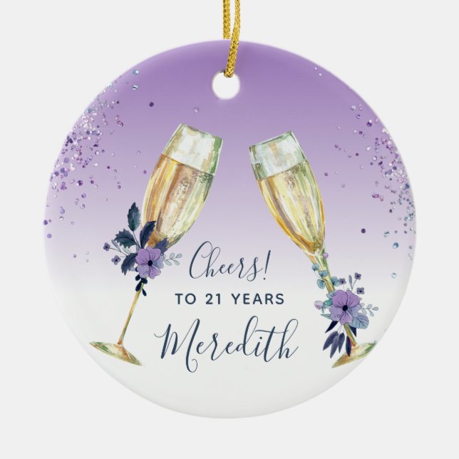 Lavender Ombre Teal Champagne Toast 21st Birthday Ceramic Tree Decoration (Front)