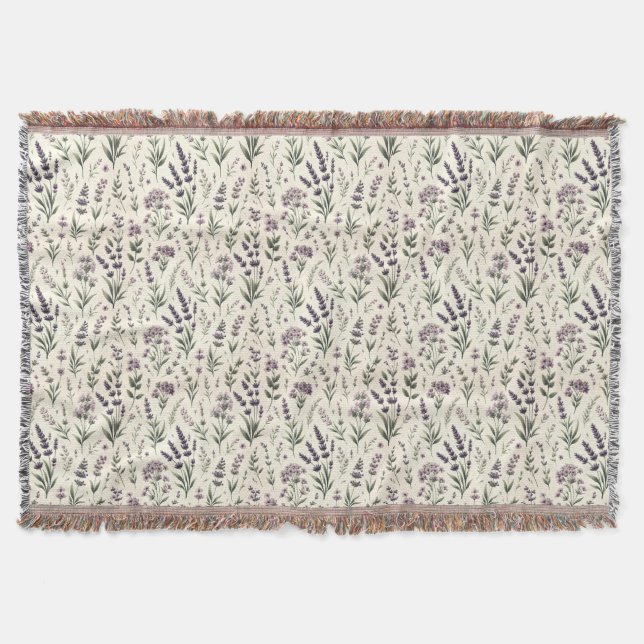 Lavender on Cream Vintage Floral Throw Blanket (Front)