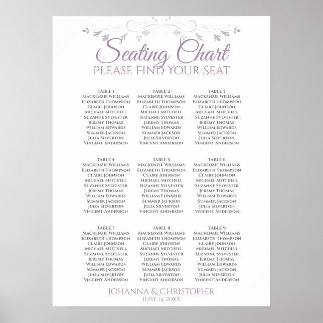 Lavender on White 9 Table Wedding Seating Chart (Front)