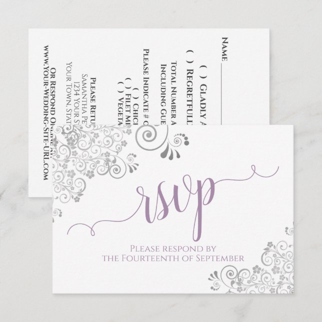 Lavender on White Elegant Calligraphy Wedding RSVP Card (Front/Back)